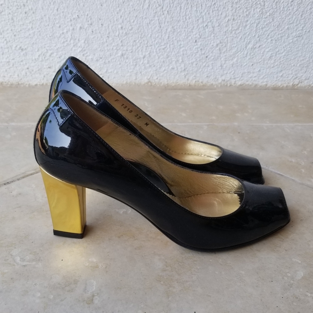 Taryn Rose Patent Leather Peep Toe Pumps Gold Heel